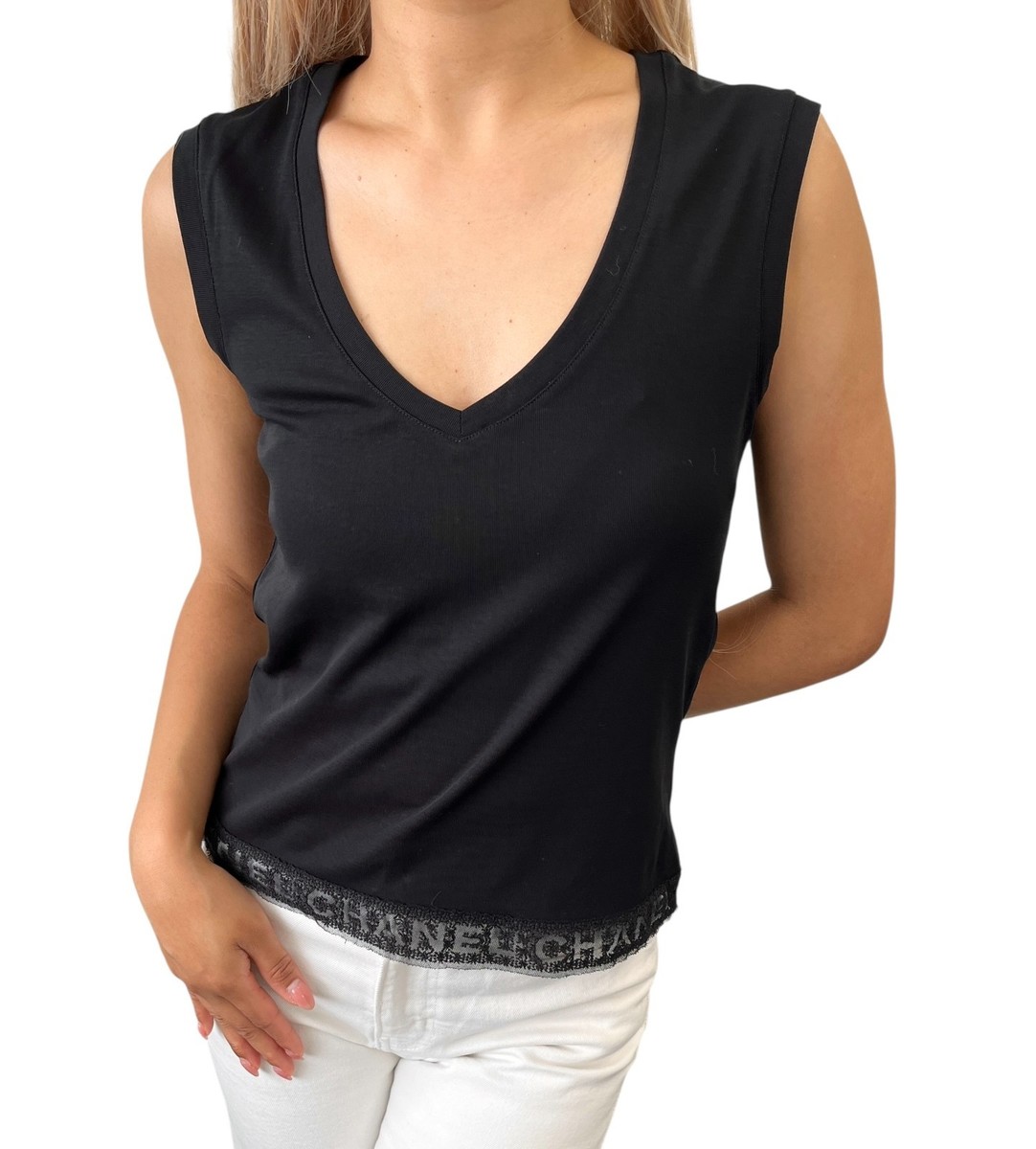 CHANEL Vintage Logo V-neck Tank Top Cotton Black Pullover