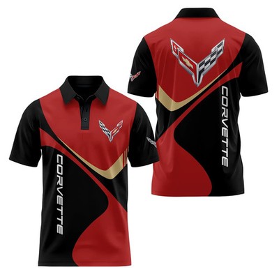 NEW Custom Name Corvette C7 Racing Red Black Gold 3D Polo Shirt Men's S-5XL