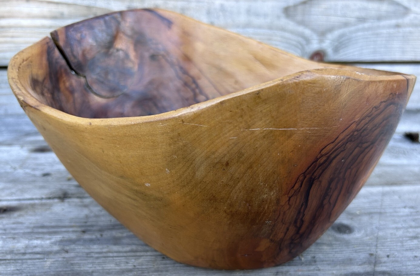 Coupe à fruit olivier vintage design bois sculpté corbeille scandinave rustique