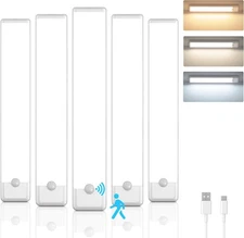 5-Pack Motion Sensor Under Cabinet Light, 3 Color Temperature Dimmable Rechar...