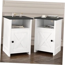 Farmhouse End Table Set of Nightstands with Barn Door and Storage Basic 2 White