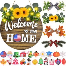 Interchangeable Welcome Home Sign, Front Door Decor With 4 Seasonal Wreaths a...