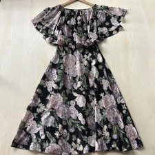 Vintage Off Shoulder Dress Womens Medium Black Pink Midi Fit & Flare Sundress