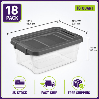 Sterilite 16 Qt Clear Plastic Stackable Storage Boxes Gray Lids 18 Pack