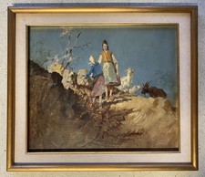 ANTICO QUADRO OLIO TAVOLA A. Soressi GENERE PAESAGGIO PASTORELLE GREGGE CAPRETTE