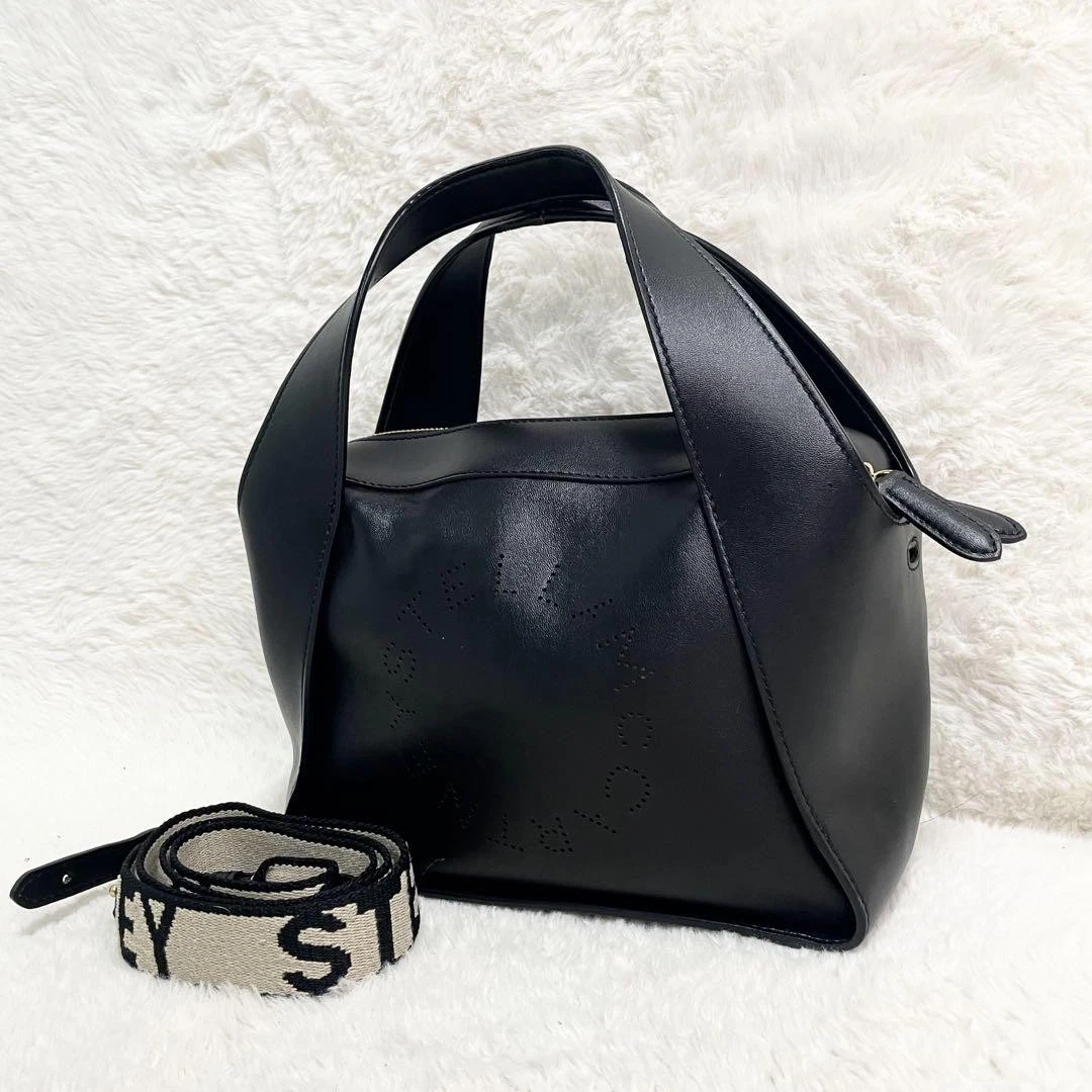 Stella McCartney 2Way Leather Tote Bag Black Logo Punching Belt Unisex U