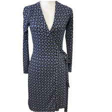 Ann Taylor Wrap Dress Blue Print Long Sleeve Knee Length 2P Business Casual