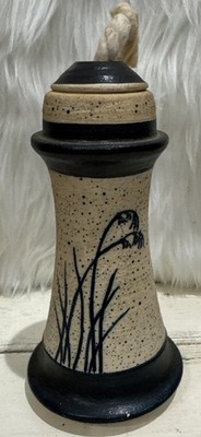 Stoneware Pottery Oil Lamp Artist Signed JS 1983 Speckled Reeds Blue Beige Vase