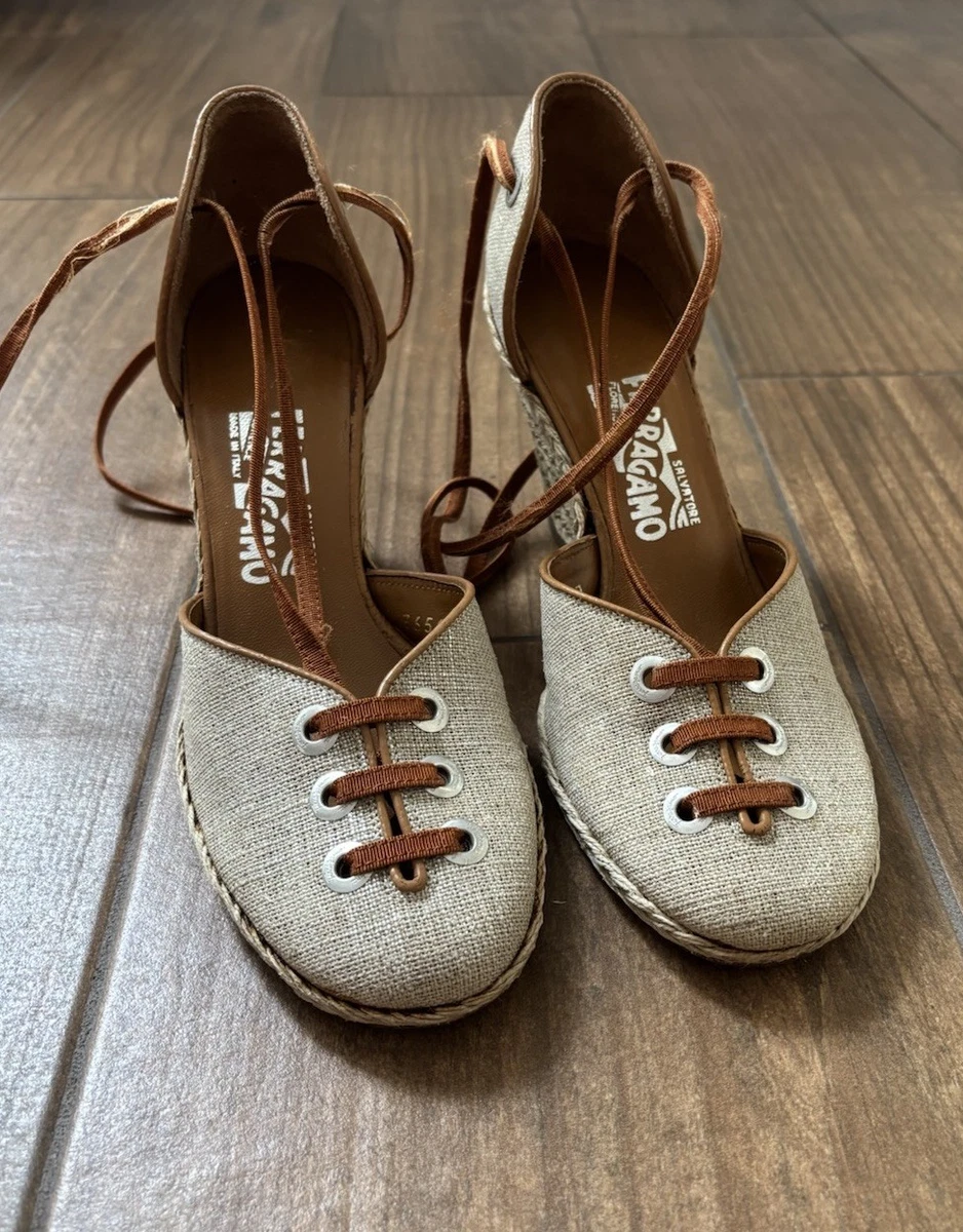 Salvatore Ferragamo Cream Canvas Espadrille Mules with Buckle Salvatore Ferragamo Multicolor Fabric and Leather Wedge  main image 4