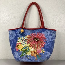 Sun N Sand Heidi Dobrott Canvas Beach Bag Blue Floral Red Sequined Tote Zippered