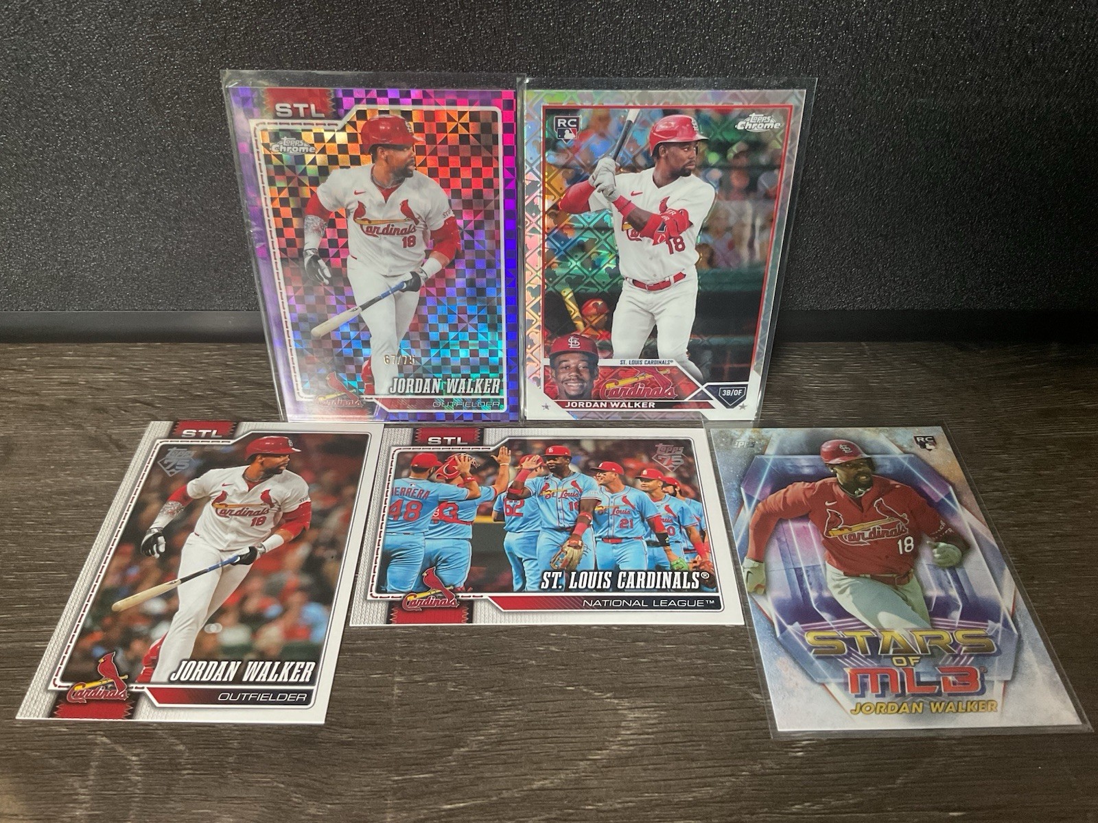 Jordan Walker Cardinals 5-Card Lot - Topps Chrome RC, /75 Refractor, Inserts