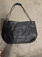 Tory Burch Marion Slouchy Black Soft Pebbled Leather Shoulder Bag Chain Strap