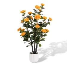 3.2FT Artificial Camellia Tree, Orange Silk Flowers, Indoor Faux Plants with