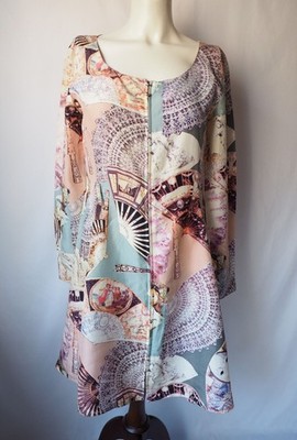 Vintage PK Mui 100% Silk Dress Zip Front Victorian Doll Fan Print Pastel Multi 8