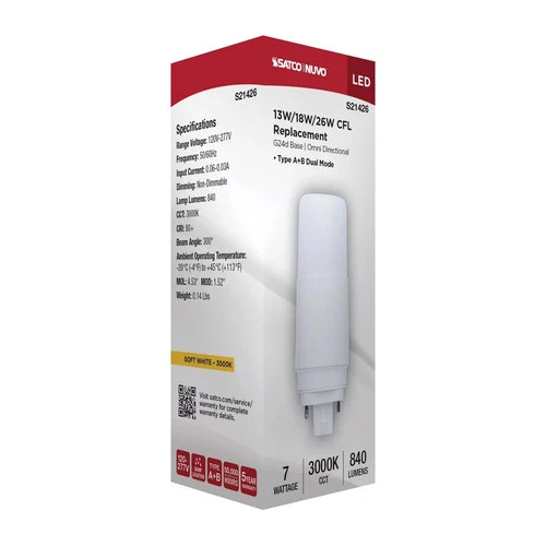 Satco S21426 - 7W PL LED Type A/B Dual Ballast G24D - 3000K  (2, 6 or 24 Pack) - Picture 8 of 8