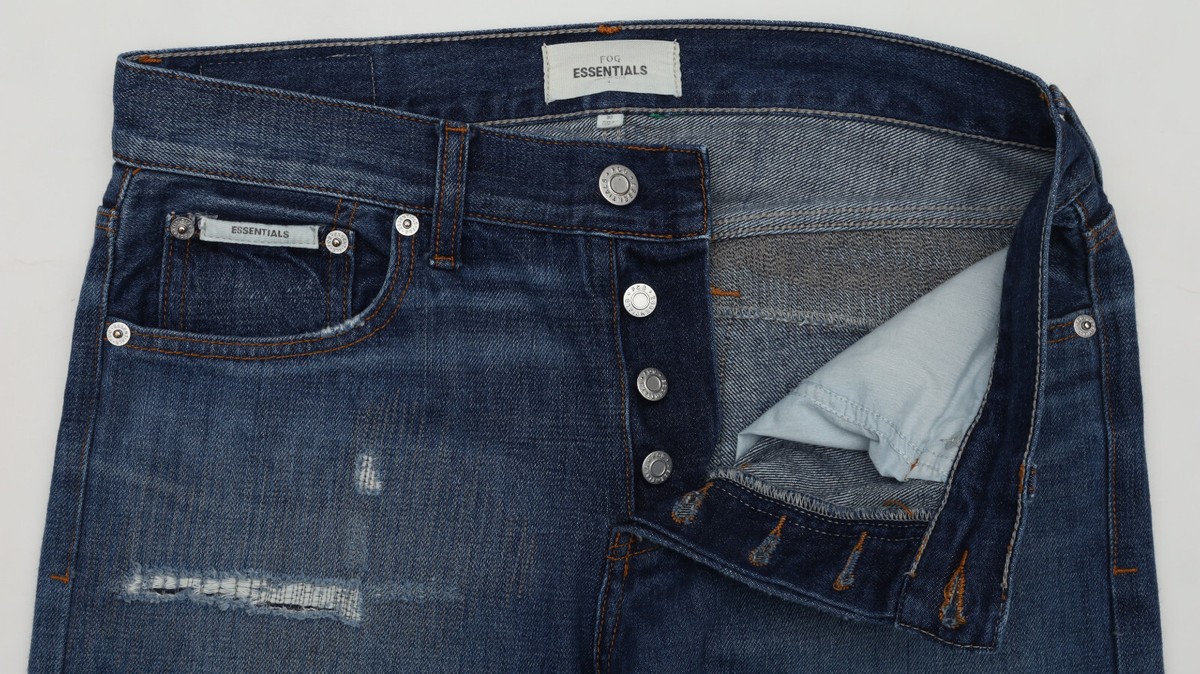 FOG Fear of God Mens Essentials Jeans Blue Distressed Cotton 