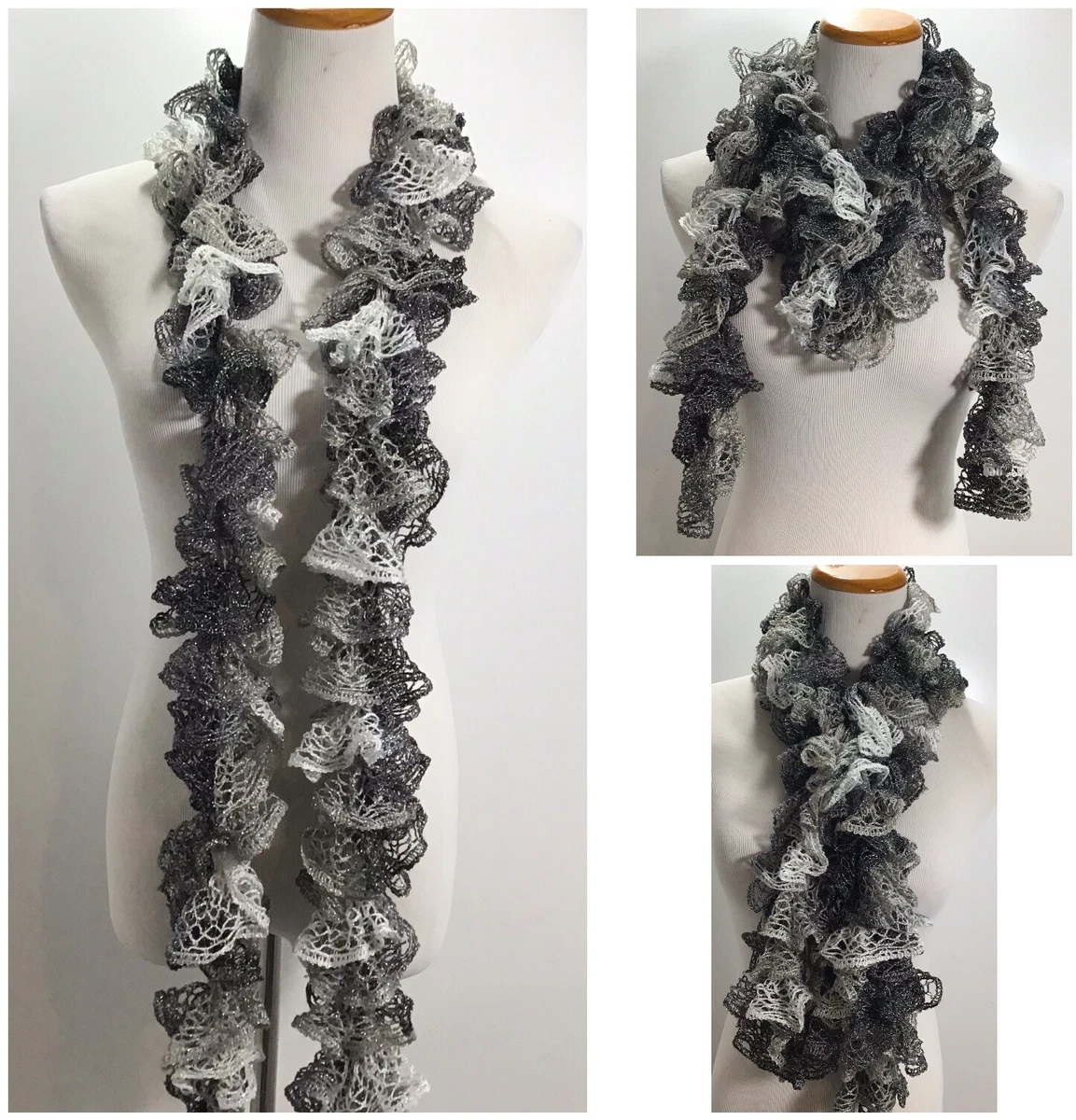 NEW Handmade Crocheted Ruffle Scarf - White, Gray & Silver Shimmery Great  Gift! | eBay