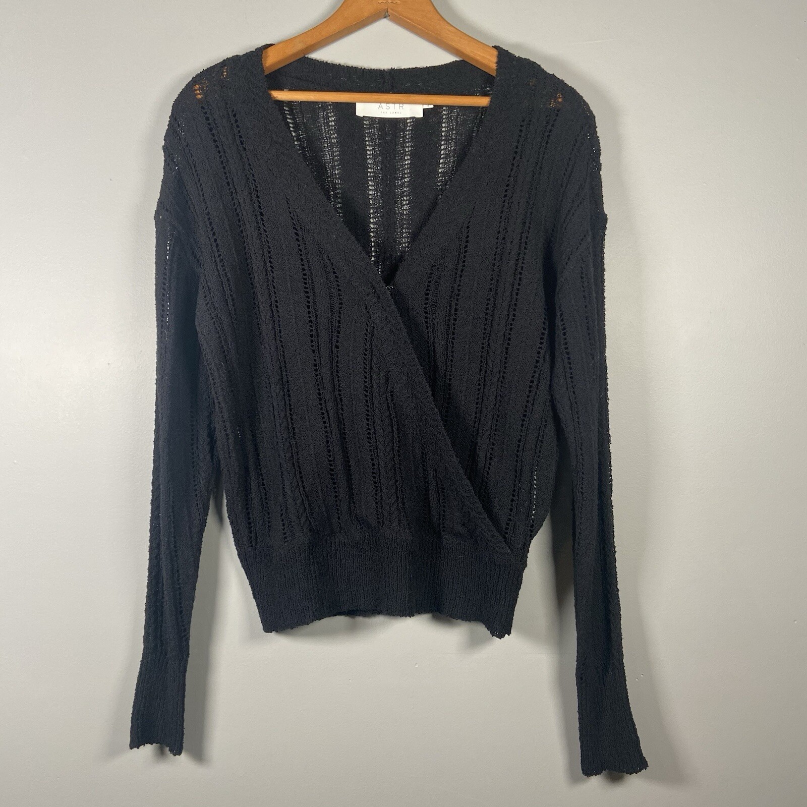 ASTR The Label S Faux Wrap V-neck Pointelle Knit Pullover