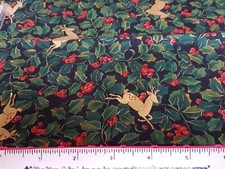 Fat Quarter Holly Berries on Black Fabric with Reindeer