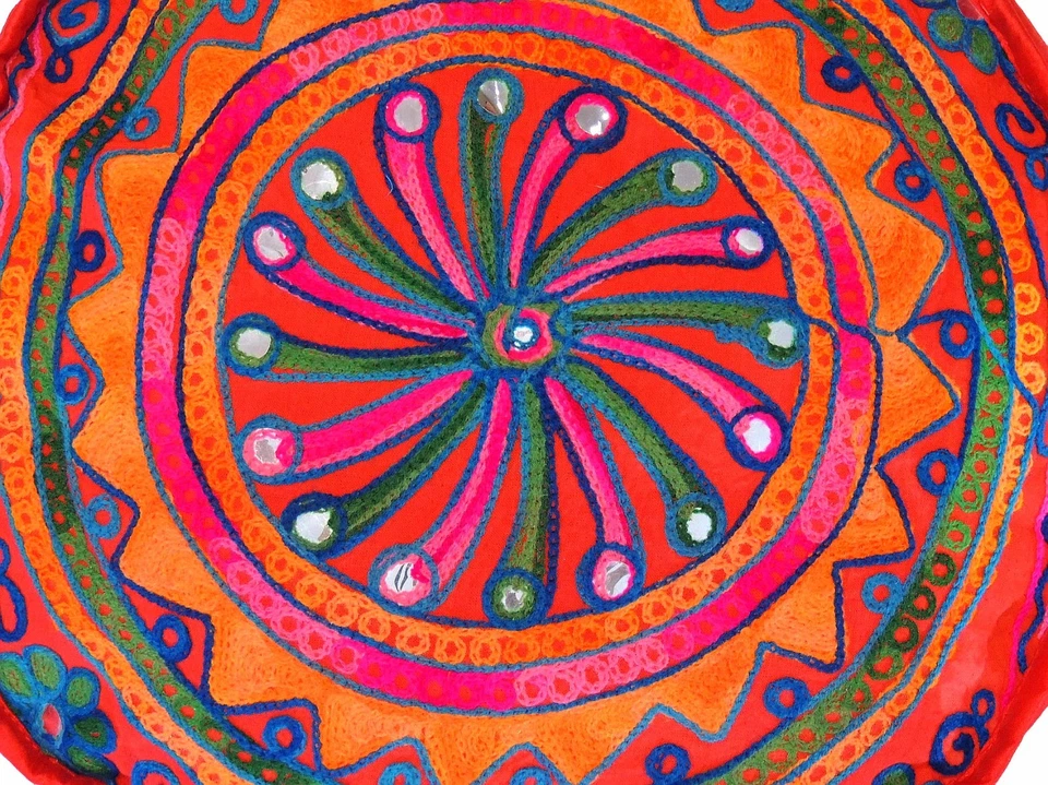 Red Round Pouf Seating Footstool Cover Floral Embroidery Ottoman Slipcover 16" - Image 3 of 3