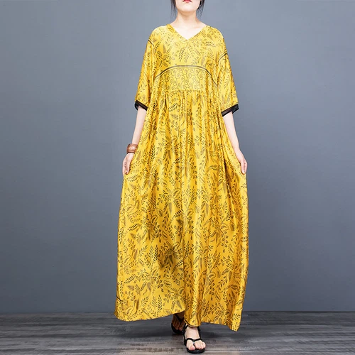 Damen schickes bedrucktes Kleid Seide V-Ausschnitt Oversize Kleid lang Maxi Morgenmantel - Bild 16 von 24