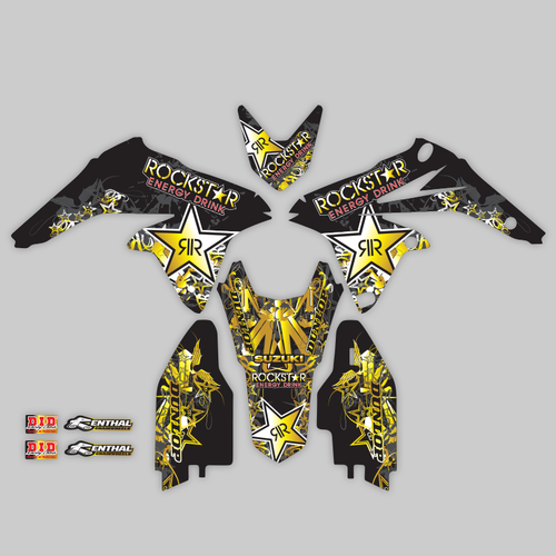 2005 - 2006 RMZ 450 RMZ450 SUZUKI GRAPHICS KIT ROCKSTAR : BLACK / GOLD DECALS - Picture 1 of 2