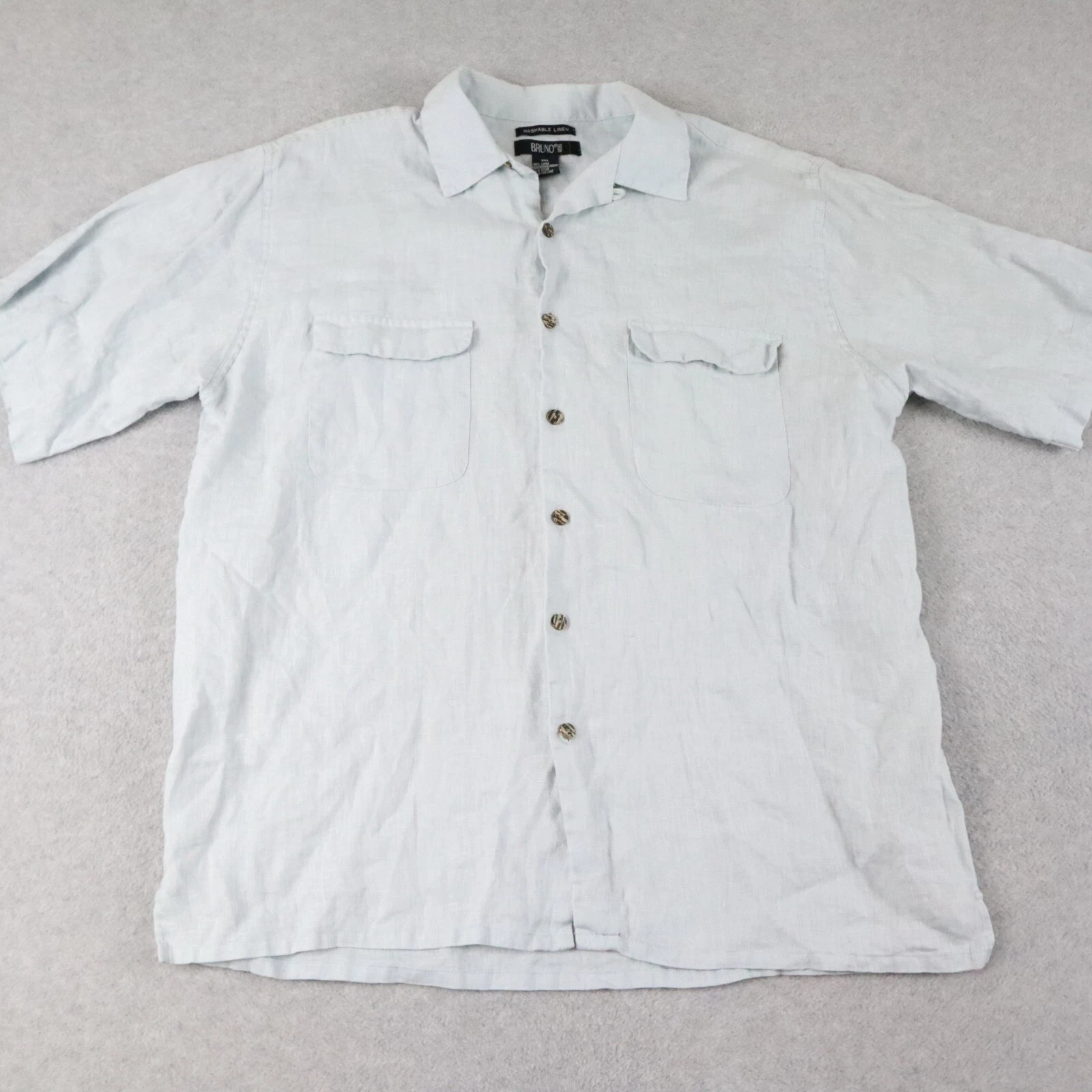 Bruno Shirt Mens 2XL XXL Washable Linen Flap Pocket Button Up Blue Short Sleeve