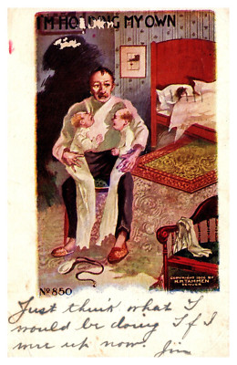 postcard I'm Holding my Own-Man holding 2 crying babies 9228