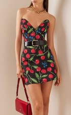 NWT. $1890 Carolina Herrera Cherry-Print Strapless Mini Dress Sz 6