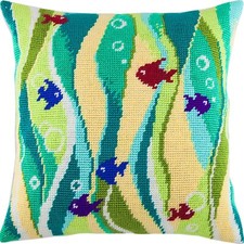 Needlepoint/Tapestry vintage throw pillow cover "FISH IN SEAWEED" embroidery kit