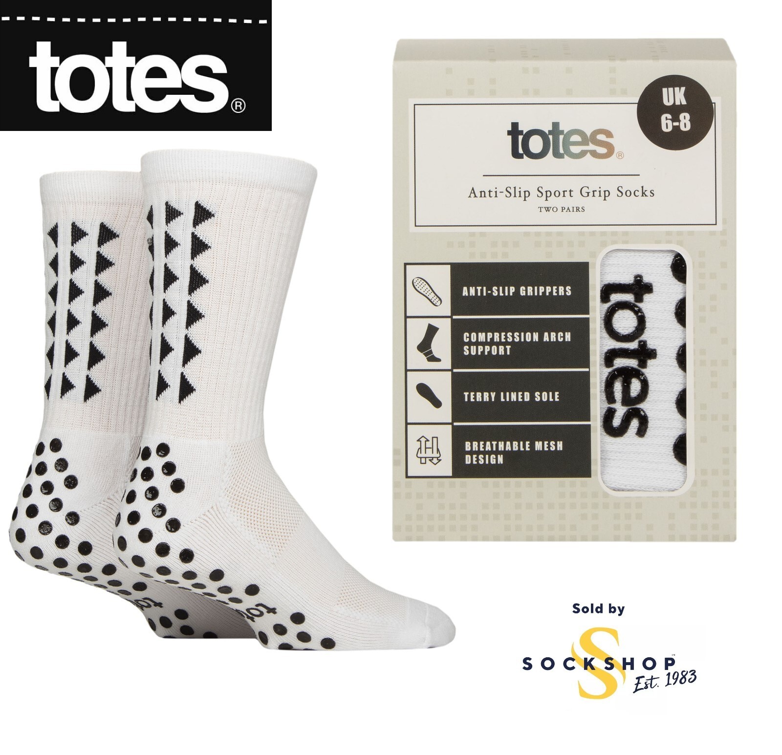 Totes Socks Gripper Sports Unisex Mens Womens White Plain 2 Pair- 3-5, 6-8, 9-11