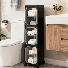 3-Tier Narrow Slim Bathroom Storage Cabinet with Wheels, Black 3-Tier