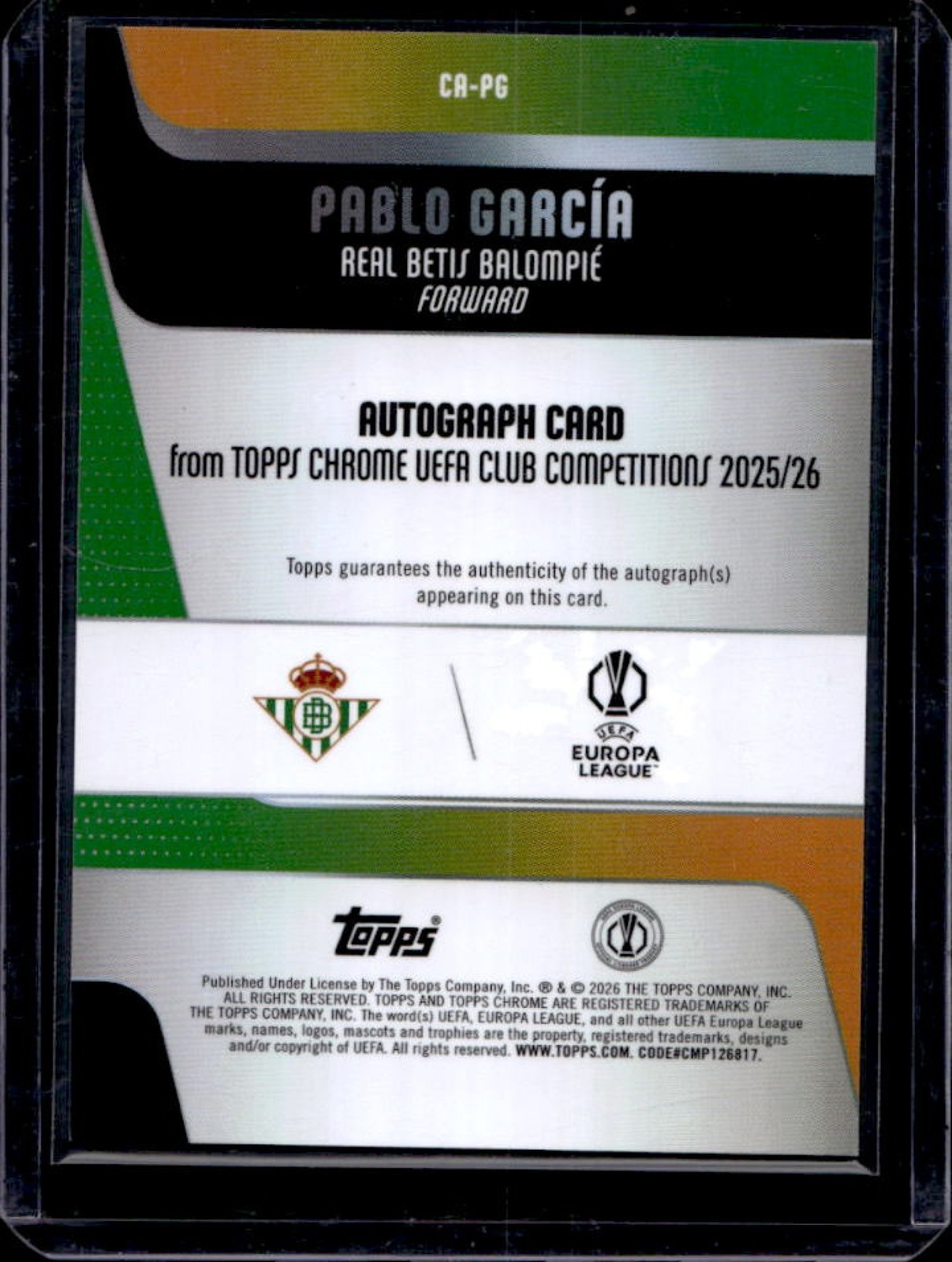 2025-26 Topps Chrome UEFA Pablo Garcia Auto Autograph RC Rookie #CA-PG Balompie view 2