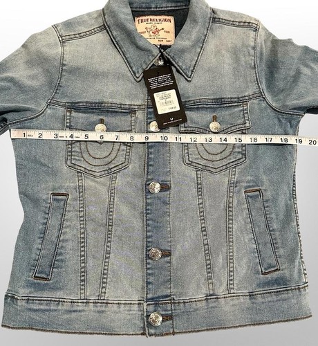 True Religion Denim Jacket Womens Medium Light Wash Jesse SN Slim Distressed - Picture 4 of 7