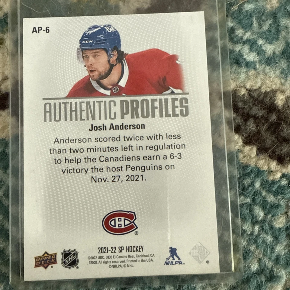 2021-22 UD SP Authentic Profiles Josh Anderson #AP-6 Montreal Canadiens /1199 - Image 2 of 3