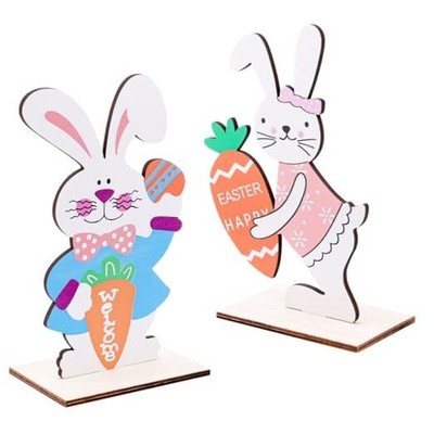 2pcs Easter Bunny Wooden Sign Decoration Wood Cutout Ornament Happy Easter 