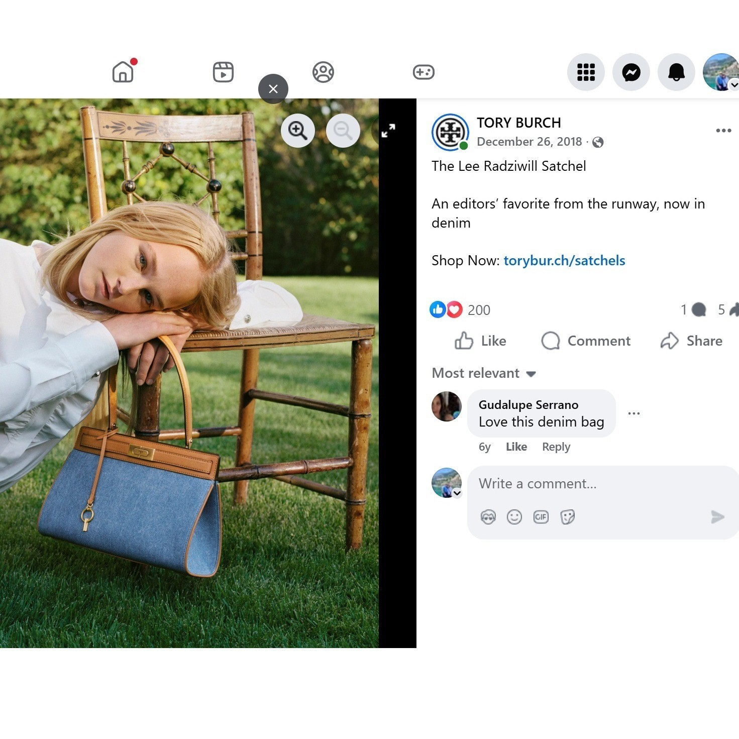 Tory Burch Lee Radziwill Denim Tan Leather Top Handle Bag