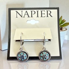 Napier 1 1/8" Silver Tone/Shades Of Blue Dangle Leverback Earrings-NWT