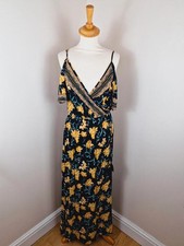 Womens Summer Maxi Long Dress Off Cold Shoulder Black Yellow Viscose Rayon M