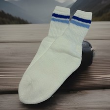 Vintage Socks 9-11 Men's Crew Striped 1980's 90's NOS USA Made White Blue