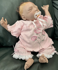Baby Doll Girl Brown Curly Hair Pink Outfit Lace Trim Embroidered Flowers Pacif  