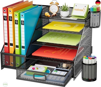 Marbrasse Desk Organiser, 5-Tier Paper Letter Tray with Drawer, 2 Pen Holders,