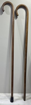 Lot 2 Vintage Natural Wood Crook Handle Walking Canes 35  One w/ Rubber Tip