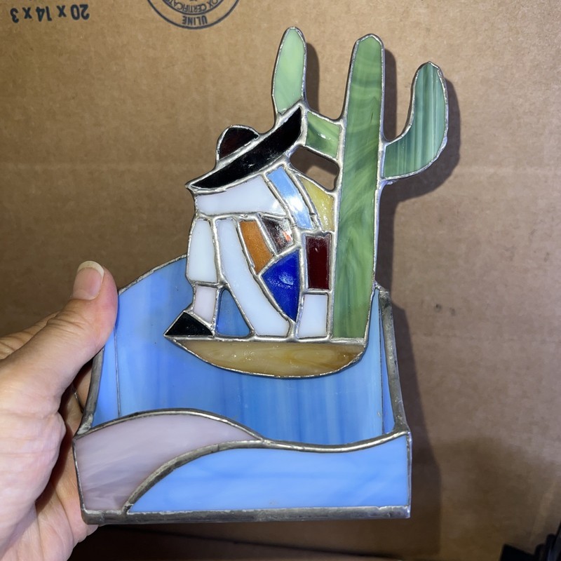 Vintage AKA Stained Glass Resting Mexican Man On Cactus Card Holder