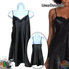 NWT Linea Donatella L Dreamer Lace-Trim Satin Chemise Nightgown BDE011 Black