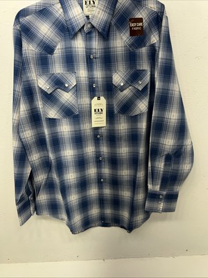 New Men s Blue Paid ELY Cattleman Long Sleeve Pearl Snap Shirt. Large P-54