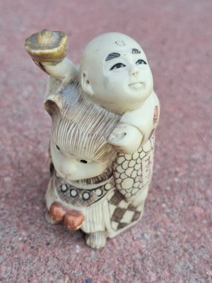 Carved & Etched Resin Man Riding Cat Netsuke Unsigned 2'' 