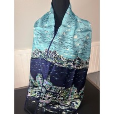 Talbots 100 Silk Scarf Navy Blue Light Blue Cityscape Architecture Print 58x12