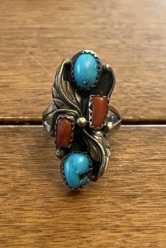 vintage  Carolyn Pollack sterling  Silver turquoise and Coral Ring   Size 6.