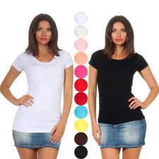 Damen T-Shirt lang Longshirt Basic Stretch V-Ausschnitt Rundhals Slim eng sexy